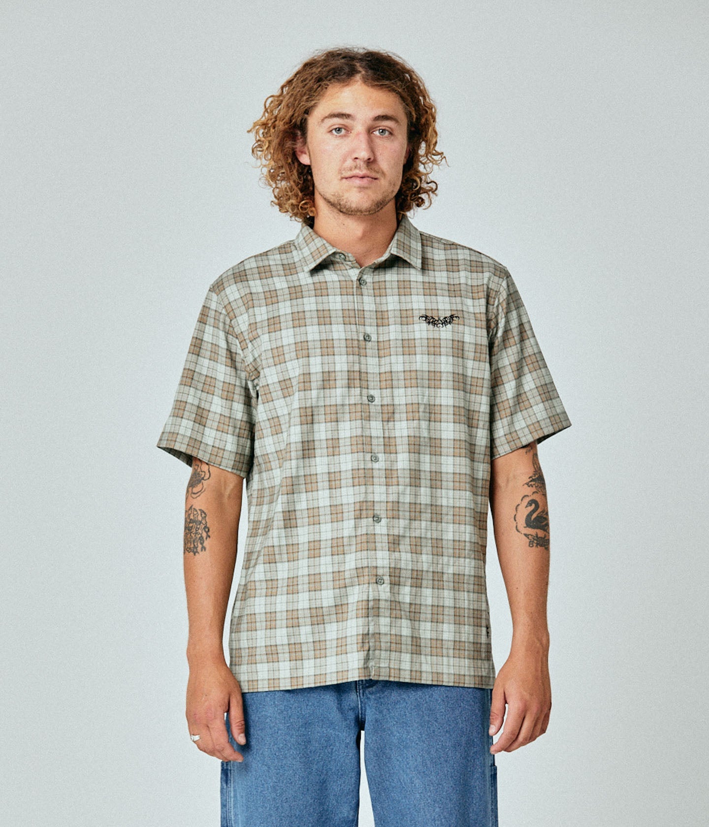 MANNERS CHECK SS SHIRT // GREEN BROWN